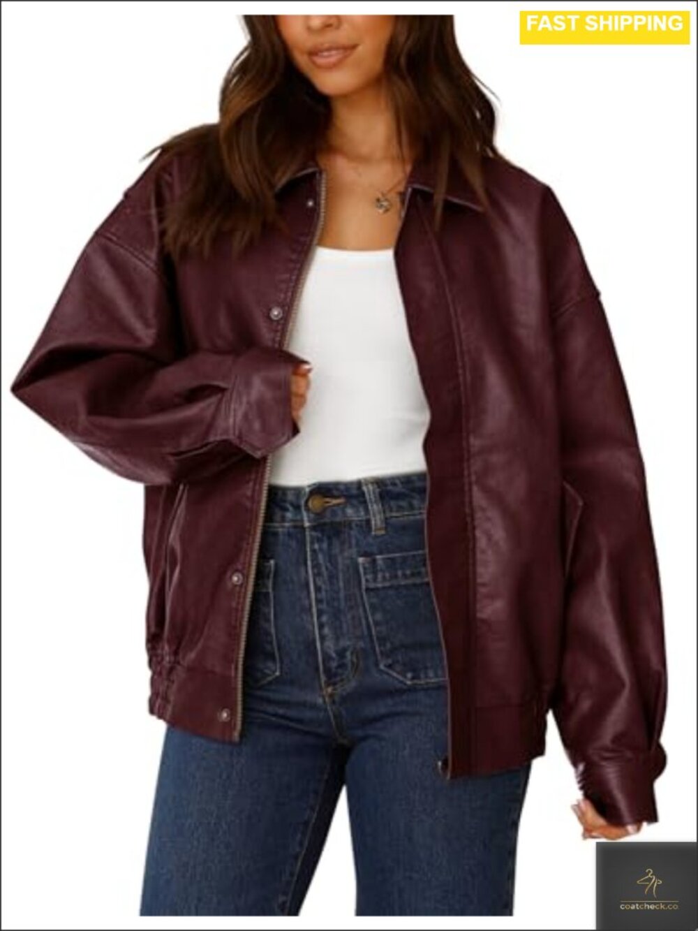 Faux Leather Oversized Moto Biker Zip Up Jacket Long Sleeve